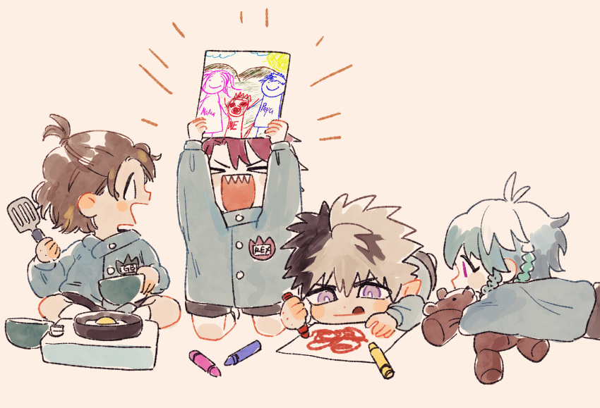 >_<, 4boys, aged_down, antenna_hair, blue_hair, brown_hair, chibi, child