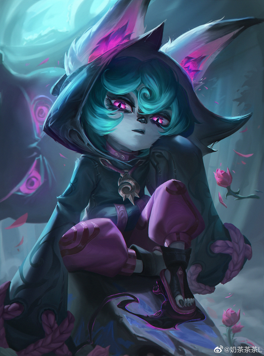 1girl, absurdres, animal_ears, aqua_hair, artist_name, black_nails, closed_mouth, flower, fog, full_body, glowing, glowing_eyes, highres, league_of_legends, long_sleeves, looking_at_viewer, naichacha, nail_polish, pants, petals, pink_flower, pink_petals, pink_rose, purple_pants, rose, rose_petals, sandals, sitting, sleeves_past_wrists, solo, toeless_footwear, toenail_polish, toenails, toes, vex_(league_of_legends), violet_eyes, yordle
