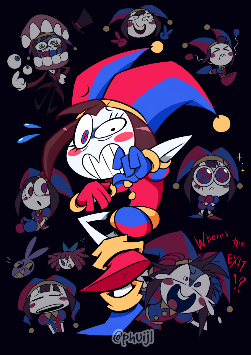 >_<, :<, :o, @_@, absurdres, animal_ears, arms_up, asymmetrical_footwear, asymmetrical_gloves, black_background, blue_footwear, blue_gloves, blush_stickers, bow, caine_(the_amazing_digital_circus), crying, crying_with_eyes_open, disembodied_eye, english_text, flying_sweatdrops, gloves, hair_bow, hat, heterochromia, highres, jax_(the_amazing_digital_circus), jester, jester_cap, jester_costume, mismatched_footwear, mismatched_gloves, open_mouth, panicking, phuijl, pomni_(the_amazing_digital_circus), rabbit_ears, ragatha_(the_amazing_digital_circus), red_footwear, red_gloves, smile, sparkle, suit, tears, teeth, the_amazing_digital_circus, upper_teeth_only, wide-eyed