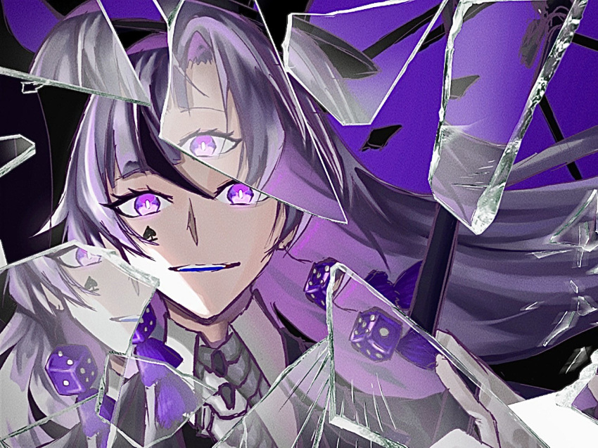 1girl, app_filter, black_headwear, broken_glass, collared_shirt, commentary_request, cube, cube_earrings