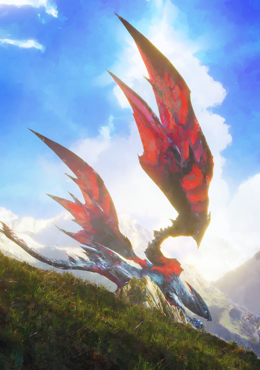 absurdres, animal_focus, backlighting, bloom, blue_eyes, clouds, cloudy_sky, commentary_request