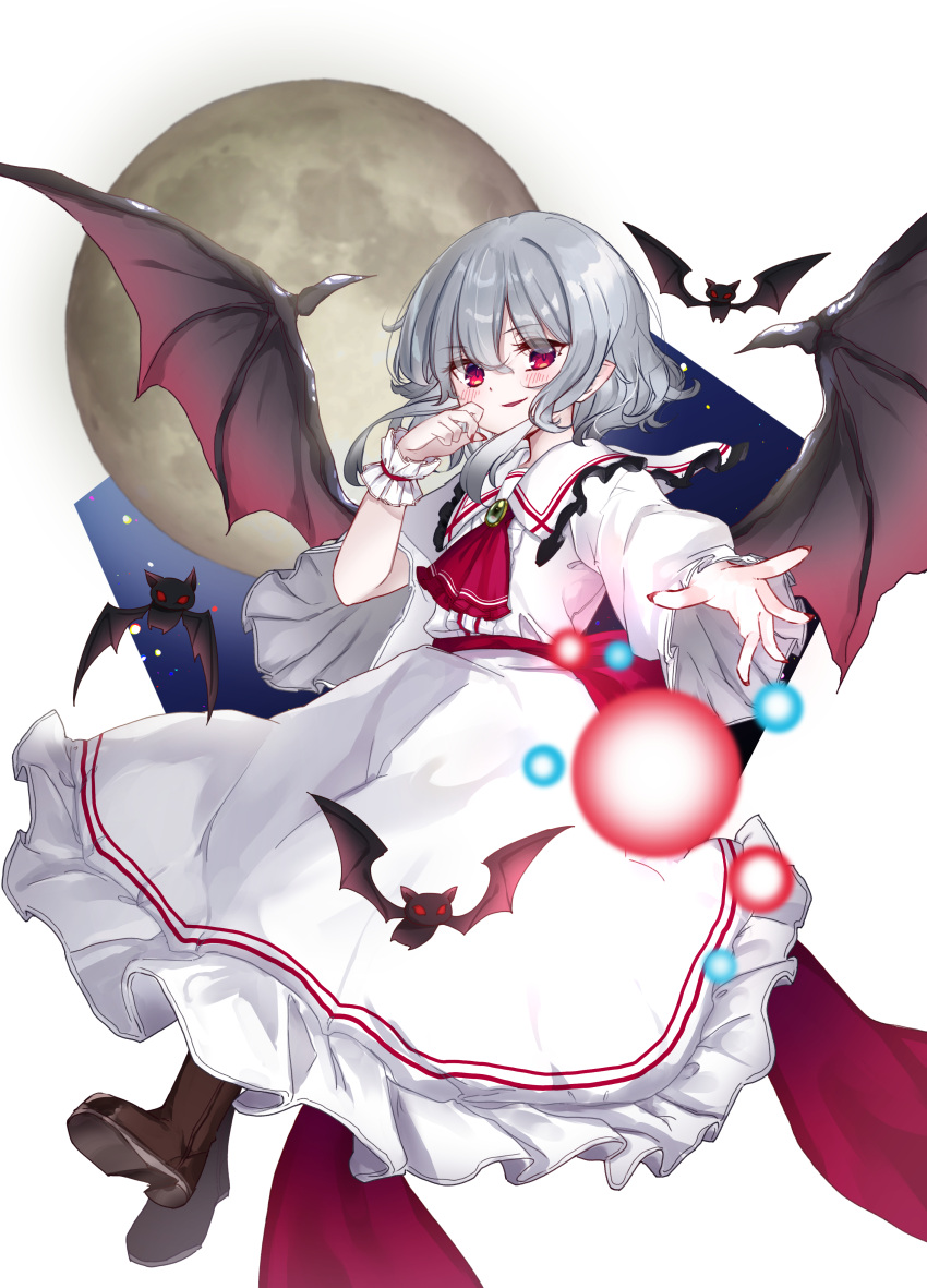 1girl, absurdres, ascot, back_bow, bat_(animal), bat_wings, blush, boots