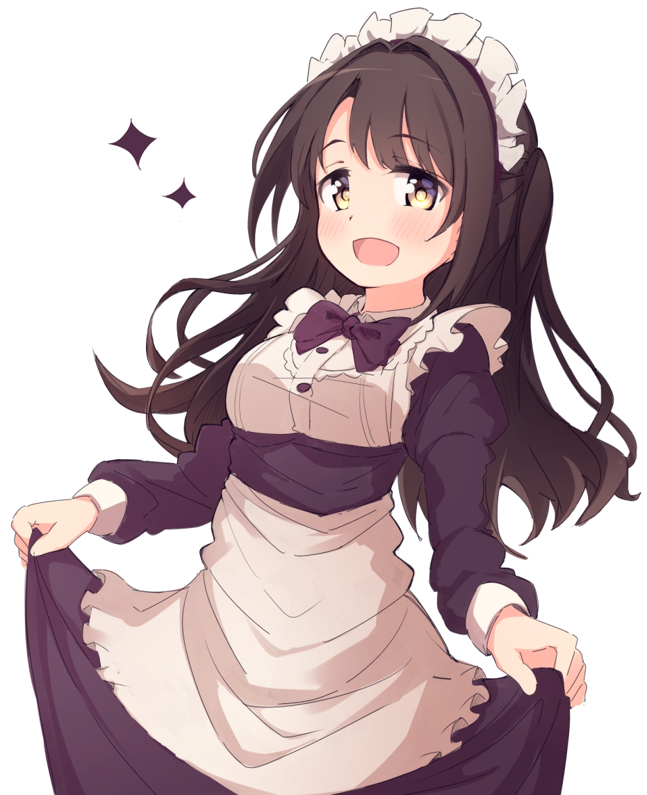 1girl, alternate_costume, apron, bow, bowtie, braid, breasts, brown_eyes