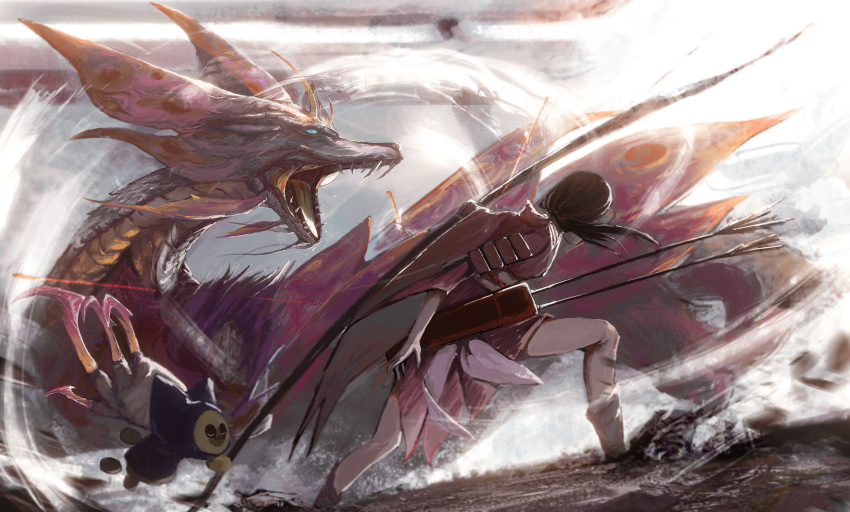 1girl, animal_focus, arrow_(projectile), black_hair, blue_eyes, brown_hair, buccal_flap, claws, conical_teeth, felyne, fighting, from_behind, from_side, fuyoo, highres, kneeling, medium_hair, mizutsune, monster_hunter_(character), monster_hunter_(series), open_mouth, quiver, slipping