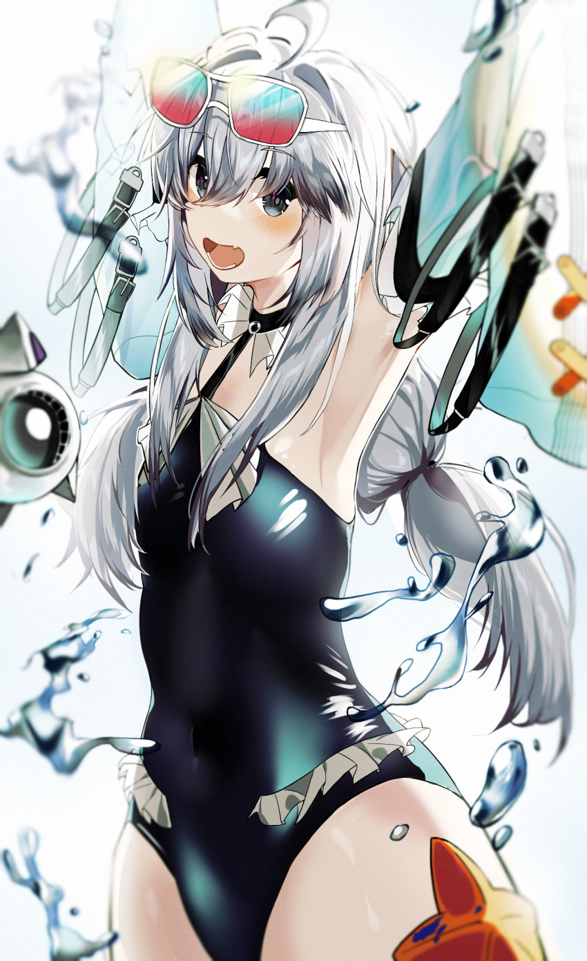 1girl, ahoge, arms_up, black_choker, black_one-piece_swimsuit, choker, detached_sleeves, eyewear_on_head, fang, frilled_choker, frilled_one-piece_swimsuit, frills, grey_eyes, grey_hair, hair_between_eyes, happy, highres, long_hair, lower_teeth_only, no.21:_xxi_(solar_frost)_(punishing:_gray_raven), no.21_(punishing:_gray_raven), one-piece_swimsuit, open_mouth, punishing:_gray_raven, sidelocks, skin_fang, sleeves_past_fingers, sleeves_past_wrists, solo, starfish, sunglasses, swimsuit, teeth, twintails, very_long_hair, white_sleeves