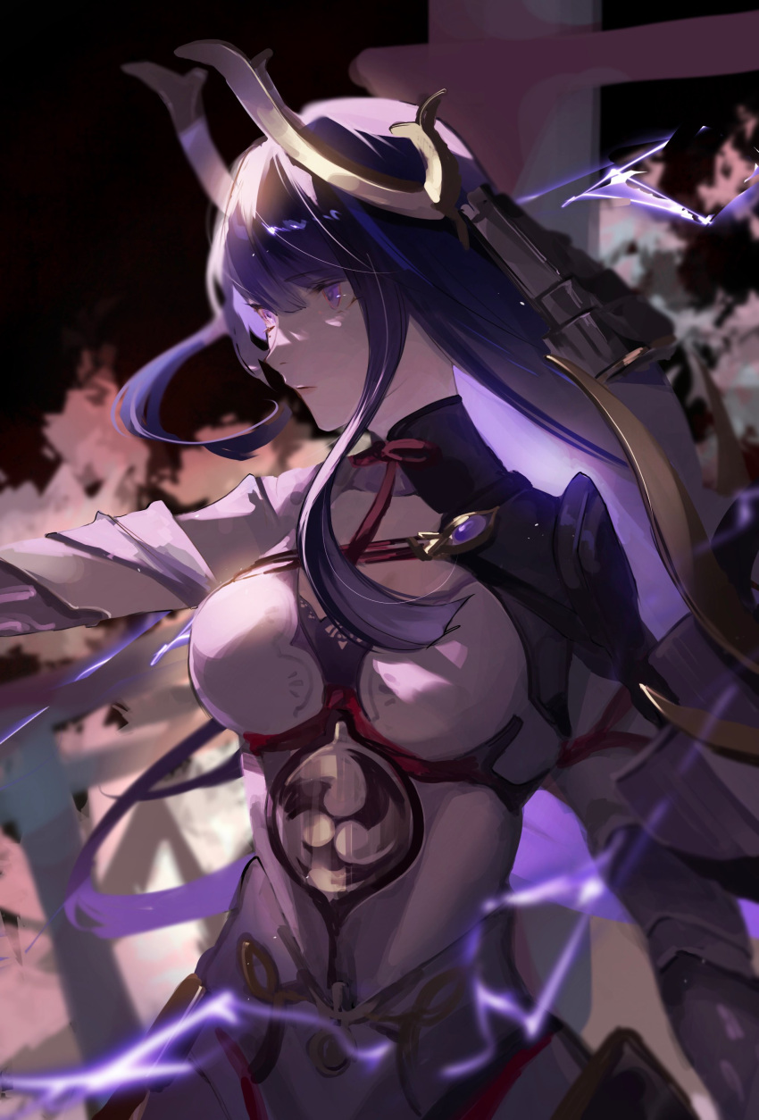 1girl, absurdres, armor, black_background, blunt_bangs, blurry, breasts, closed_mouth
