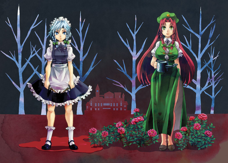 blood, blue_eyes, braid, breasts, chinese_clothes, flower, green_eyes, hat, hong_meiling, izayoi_sakuya, large_breasts, long_hair, maid, maid_headdress, miero, multiple_girls, red_hair, redhead, scarlet_devil_mansion, short_hair, silver_hair, touhou, twin_braids