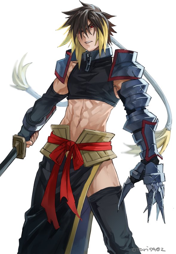 1boy, albel_nox, armor, blonde_hair, brown_hair, crop_top, gloves, holding