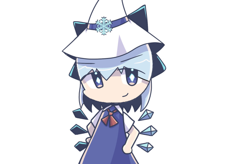 1girl, aqua_hair, aqua_pupils, bangs, bare_arms, blue_dress, blue_eyes, blue_ribbon, blue_wings, bright_pupils, chibi, cirno, closed_mouth, collar, colored_eyelashes, colored_inner_hair, colored_lineart, cool_violet_976, cute, diamond, diamond-shaped_pupils, diamond_(shape), dress, fairy, flat_chest, hair_between_eyes, halloween, hat, ice_wings, looking_at_viewer, medium_hair, no_nose, orange_eyes, red_ascot, shaded_face, short_sleeves, smile, snowflake_ornament, snowflakes, solo, tareme, touhou, v-shaped_eyebrows, white_background, white_hat, white_pupils, white_sleeves, witch_hat