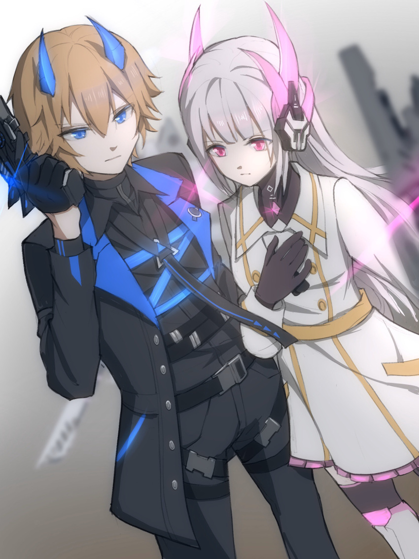 1boy, 1girl, belt, black_coat, black_gloves, black_necktie, black_pants, black_shirt