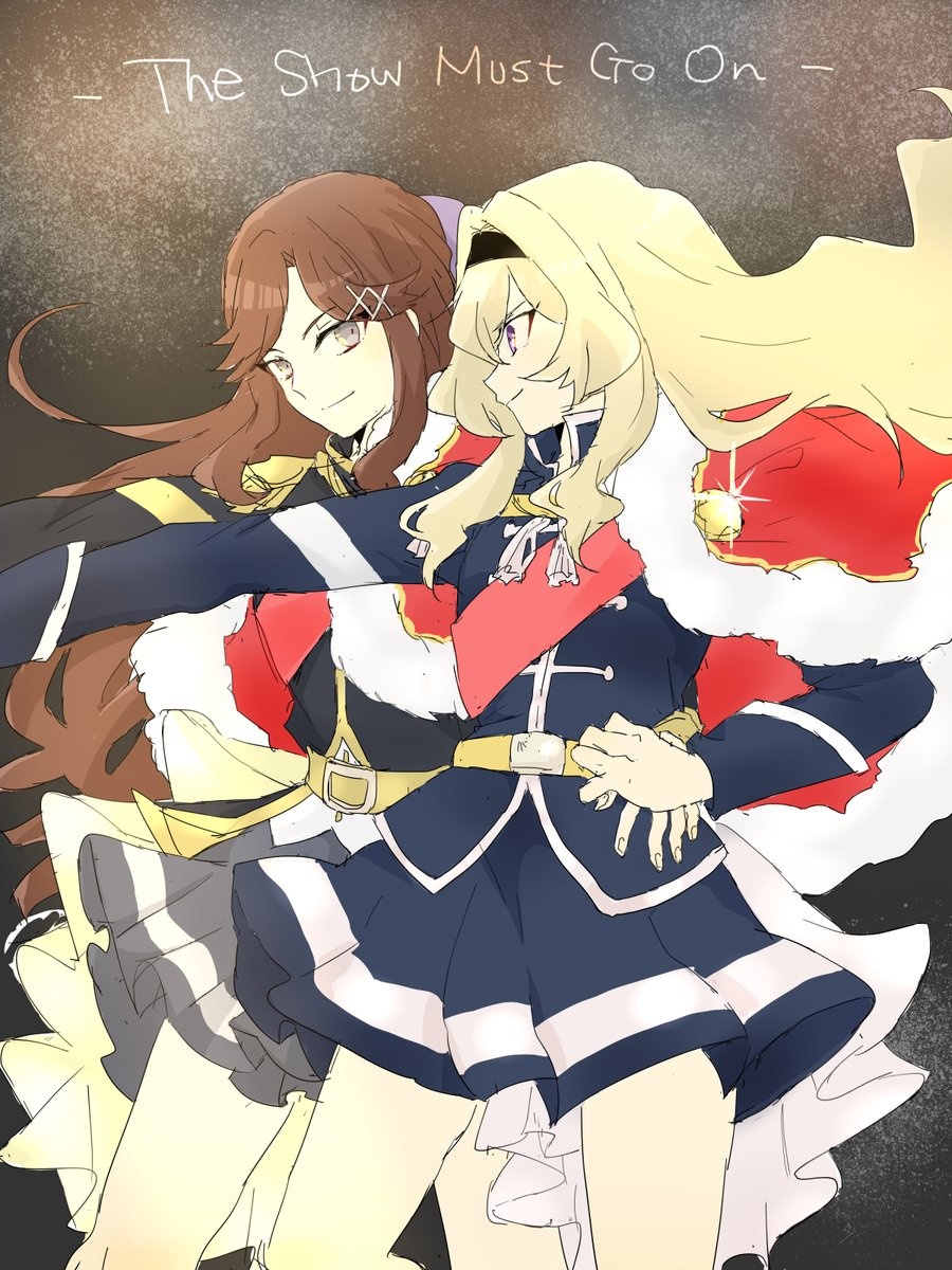 2girls, belt_buckle, blonde_hair, brown_hair, buckle, highres, long_hair, looking_at_another, military_uniform, multiple_girls, red_eyes, saijou_claudine, shoujo, shoujo_kageki_revue_starlight, shoujo_kageki_revue_starlight_-re_live-, tendou, tendou_maya, uniform, violet_eyes, yuri