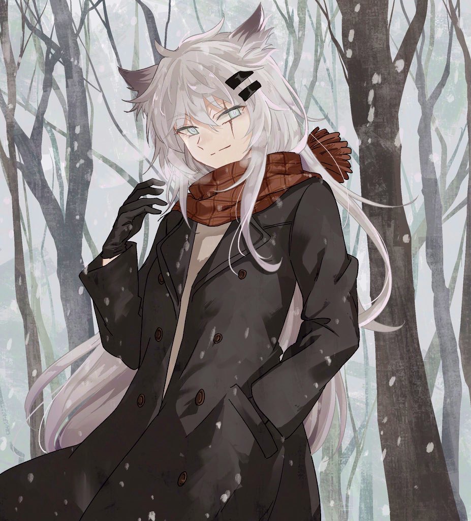 alternate_costume, animal_ear_fluff, animal_ears, antenna_hair, aqua_eyes, arknights, black_coat, black_gloves