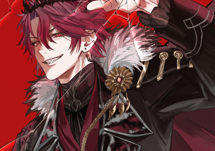 1boy, arm_up, coat, crack, cracked_glass, crown, earrings, fur-trimmed_coat