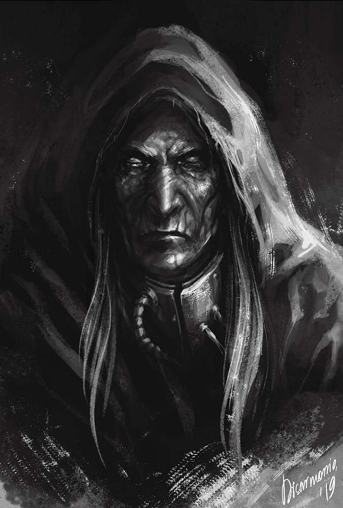 1boy, artist_name, cloak, close-up, graphite_(medium), greyscale, hood, hooded_cloak