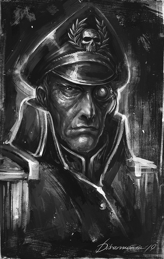 1boy, battle_standard, commentary, commissar, english_commentary, greyscale, hat, jacket, looking_at_viewer, military, military_hat, military_uniform, monochrome, officer, peaked_cap, portrait, scar, sebastian_yarrick, signature, simple_background, skull, skull_ornament, solo, uniform, veronica_anrathi, warhammer_40k