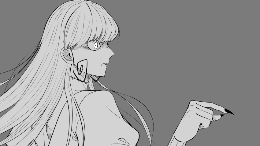 1girl, black_nails, fabricant_100, fabricant_number_100, greyscale, highres, long_hair, mannma17
