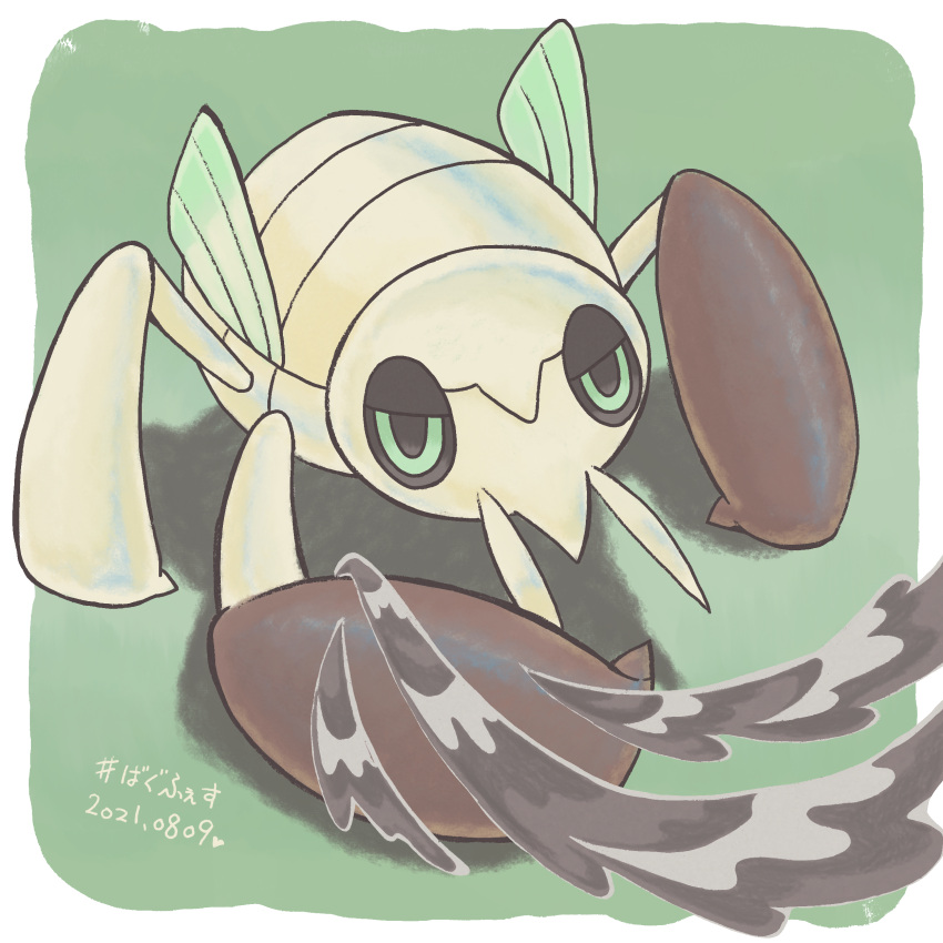 absurdres, black_sclera, colored_sclera, dated, green_background, green_eyes, highres, kuranojo, mud, nincada, no_humans, pokemon, pokemon_(creature), solo
