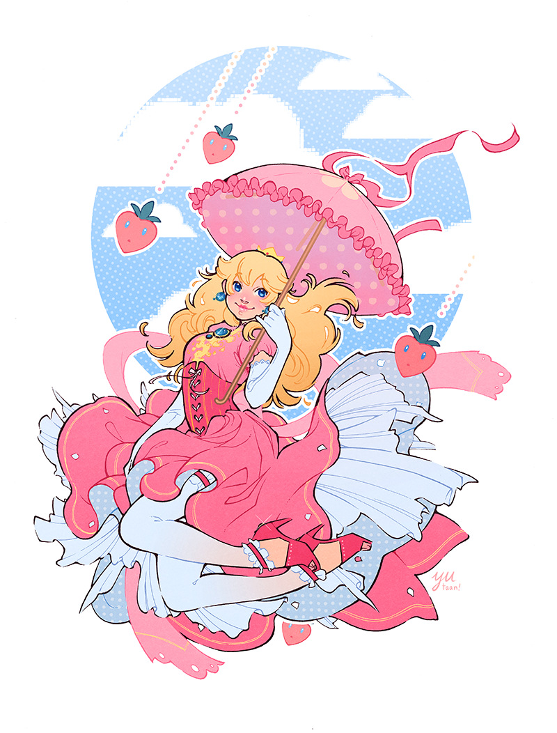 1girl, ankle_garter, artist_name, back_bow, blonde_hair, blue_eyes, blue_gemstone, blue_sky, bow, bridal_garter, chest_jewel, circle, closed_mouth, clouds, commentary, crown, dress, earrings, elbow_gloves, english_commentary, falling, food, frilled_dress, frilled_garter, frilled_umbrella, frills, fruit, full_body, gem, gloves, grey_dress, hand_on_lap, high_heels, holding, holding_umbrella, jewelry, lace-trimmed_gloves, lace_trim, long_hair, looking_at_viewer, mini_crown, pantyhose, parasol, peach, pink_bow, pink_corset, pink_dress, pink_footwear, pink_garter, pink_lips, pink_umbrella, polka_dot, polka_dot_dress, polka_dot_umbrella, princess, princess_peach, puffy_short_sleeves, puffy_sleeves, short_sleeves, sky, smile, solo, sphere_earrings, super_mario_bros., two-sided_dress, two-sided_fabric, umbrella, vertical-striped_corset, white_background, white_bow, white_gloves, white_pantyhose, yellow_headwear, yutaan