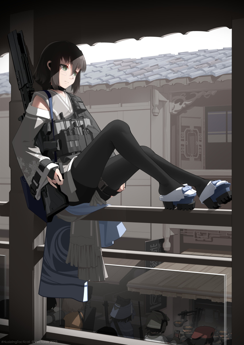 6+girls, absurdres, architecture, artist_name, assault_rifle, black_hair, black_kimono, black_pantyhose