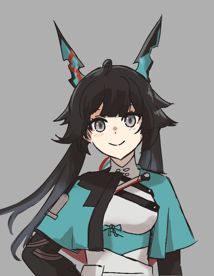 1girl, arknights, arknights:_endfield, astrograph21, black_hair, blush, breasts, chen_qianyu_(arknights), dragon_girl, dragon_horns, grey_background, grey_eyes, horns, long_hair, looking_at_viewer, simple_background, smile, solo, twintails, upper_body