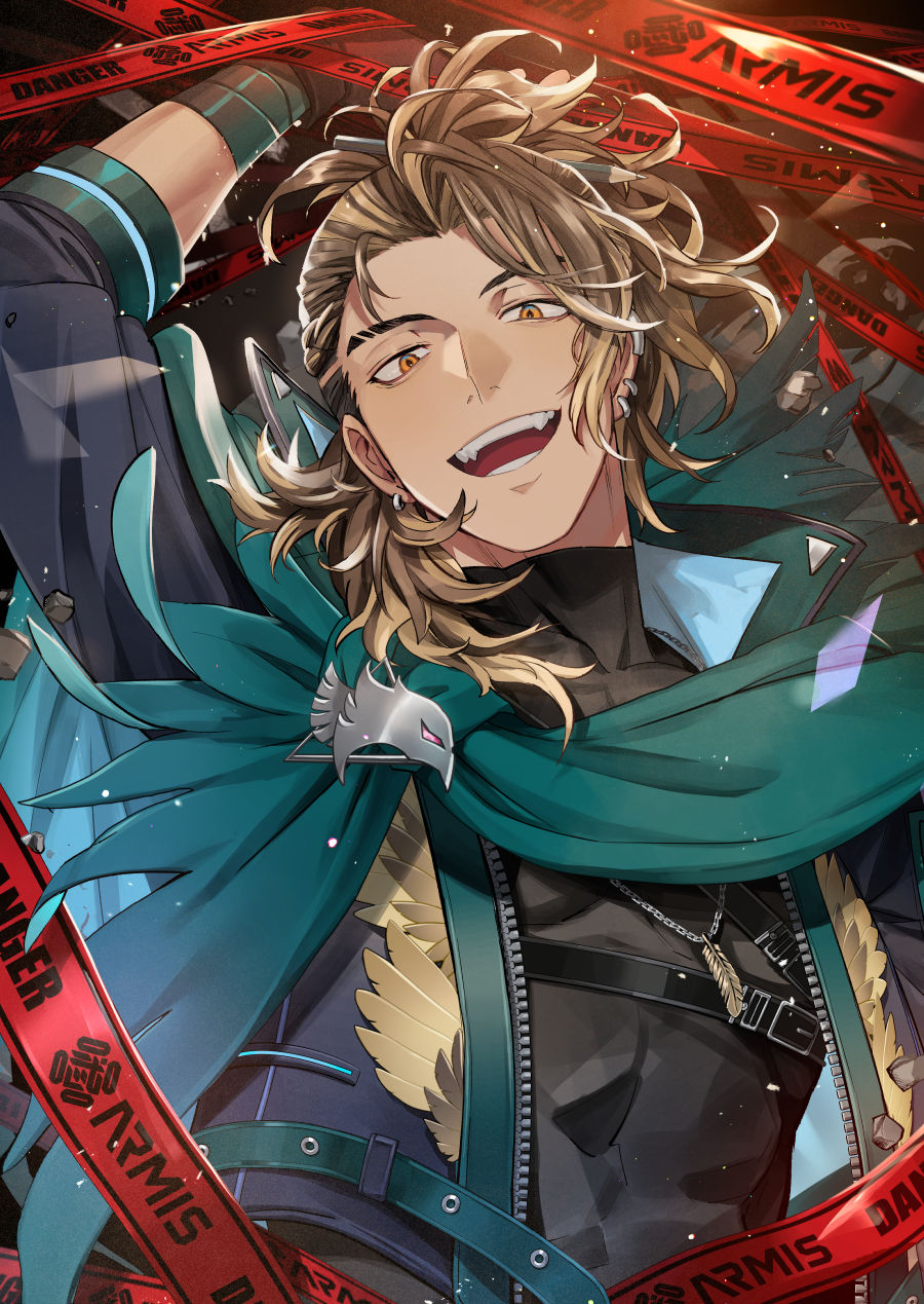 1boy, arm_up, bird_brooch, black_shirt, blonde_hair, brown_hair, cape, caution_tape