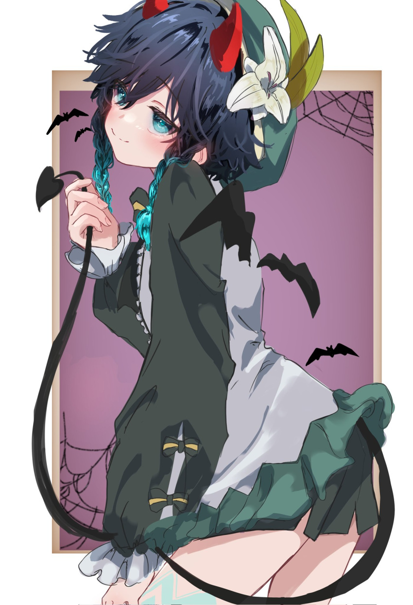 1boy, beret, black_hair, black_shorts, blue_eyes, blue_hair, braid, commentary