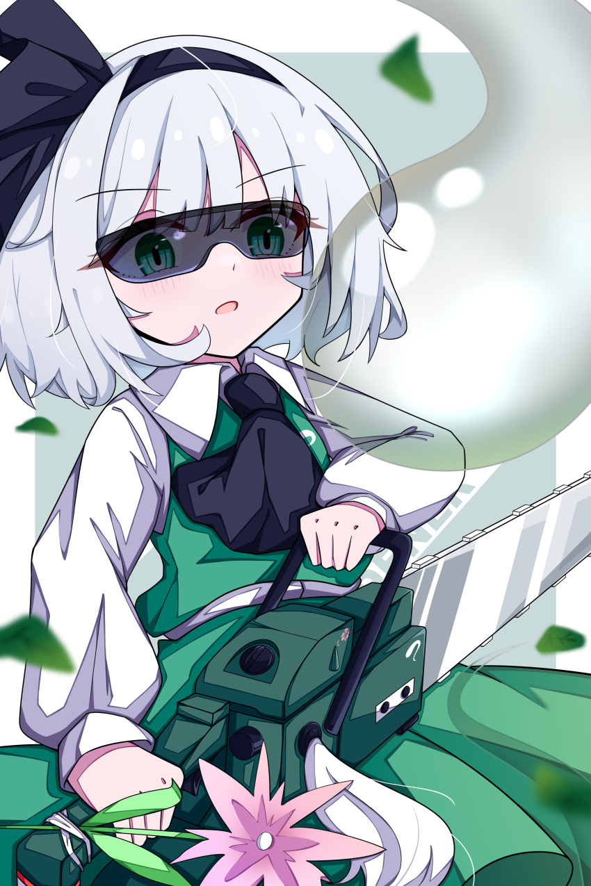 1girl, :o, absurdres, adapted_weapon, ascot, black_ascot, black_hairband, black_ribbon