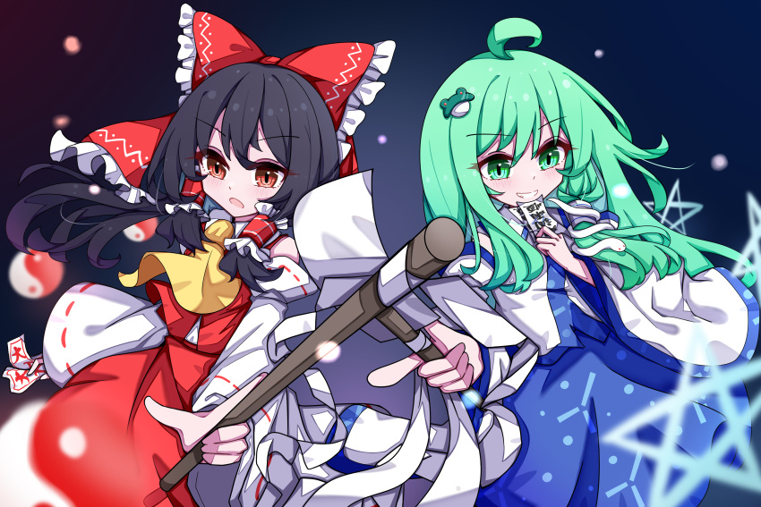 2girls, absurdres, ahoge, ascot, bare_shoulders, between_fingers, black_background, black_hair