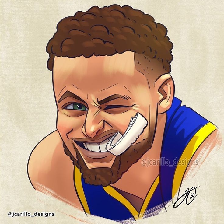 1boy, basket, basketball_jersey, brown_hair, drawing, jersey, looking_at_viewer, national_basketball_association, non-web_source, short_hair, simple_background, smile, solo, stephen_curry, white_background