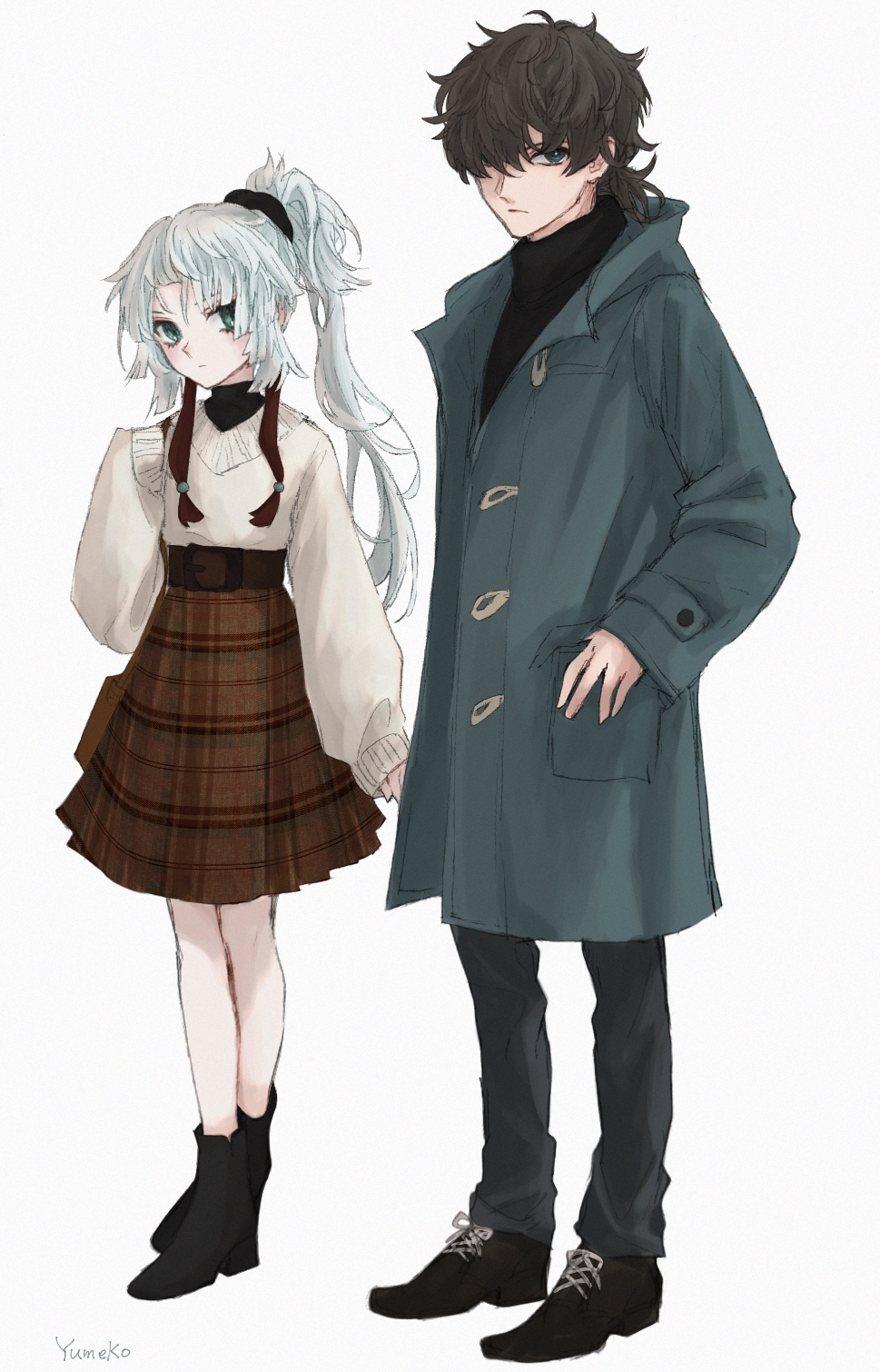 1boy, 1girl, alternate_costume, black_footwear, black_hair, black_pants, black_sweater, blue_jacket