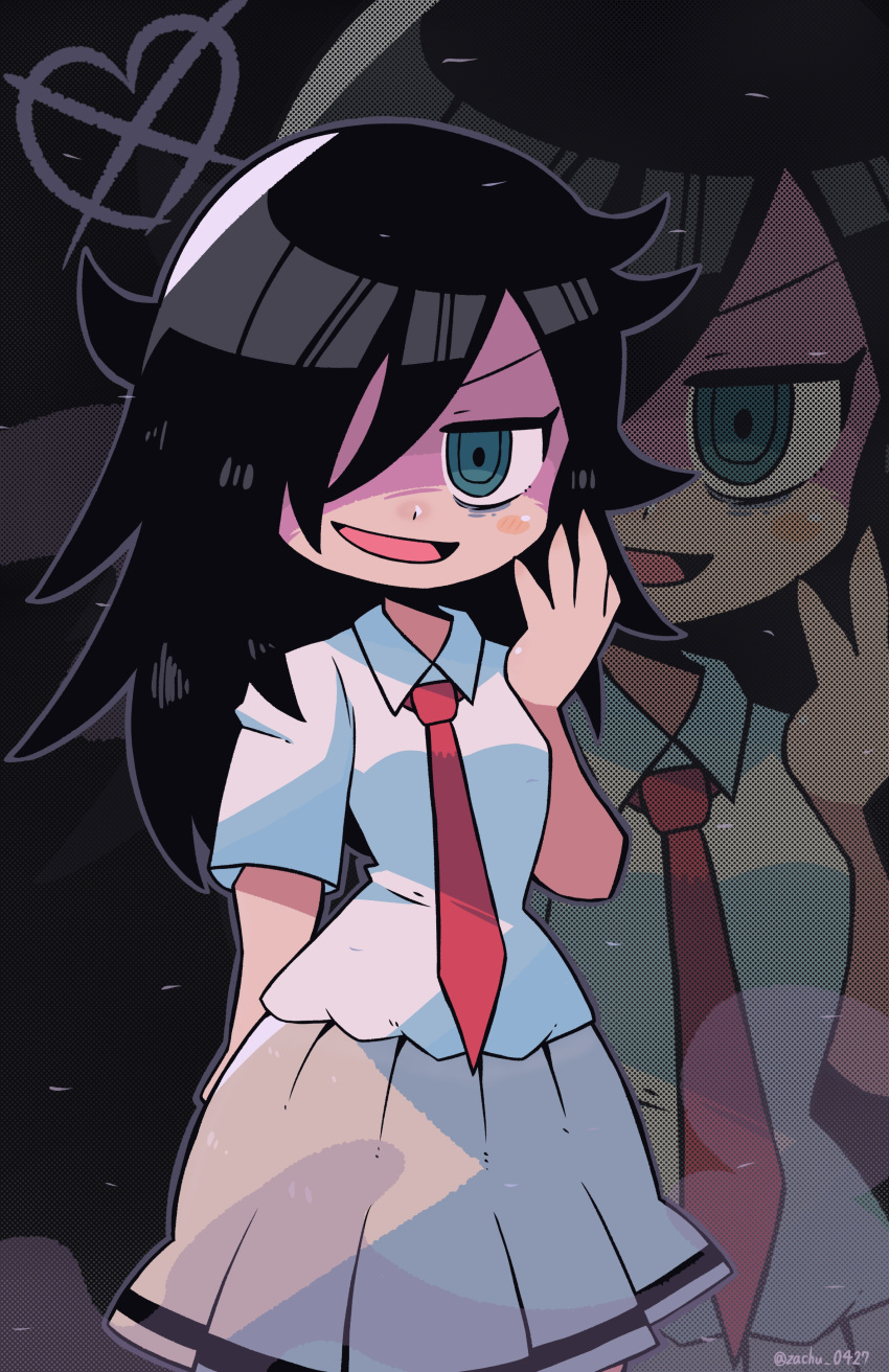 1girl, absurdres, bags_under_eyes, black_hair, blush, green_eyes, hair_over_one_eye, halftone, halftone_background, hand_to_own_face, highres, kuroki_tomoko, long_hair, looking_at_viewer, necktie, open_mouth, red_necktie, ringed_eyes, school_uniform, shaded_face, shirt, short_hair, skirt, smile, solo, twitter_username, watashi_ga_motenai_no_wa_dou_kangaetemo_omaera_ga_warui!, white_shirt, yellow_skirt, zachu_(nyzt)