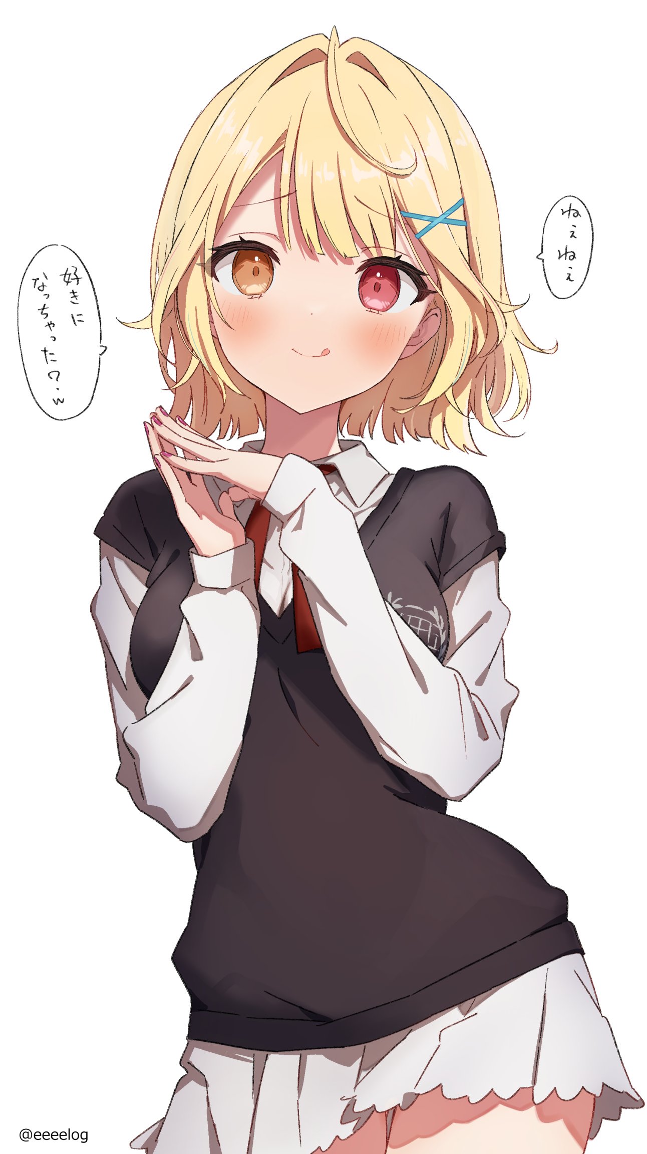 1girl, :d, black_shirt, blonde_hair, blunt_bangs, blush, contrapposto, cowboy_shot