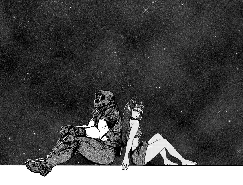 1boy, 1girl, absurdres, armor, back-to-back, bare_shoulders, barefoot, black_choker