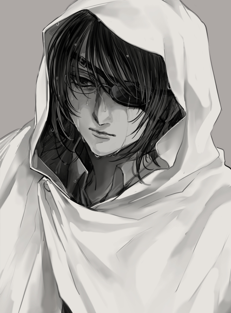 1other, cloak, commentary_request, crying, eyepatch, glasses, greyscale, hange_zoe