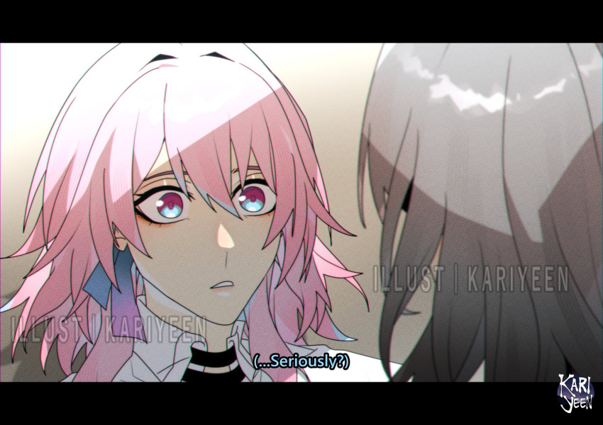 2girls, blue_eyes, blue_ribbon, chromatic_aberration, collared_shirt, commentary, english_commentary, english_text