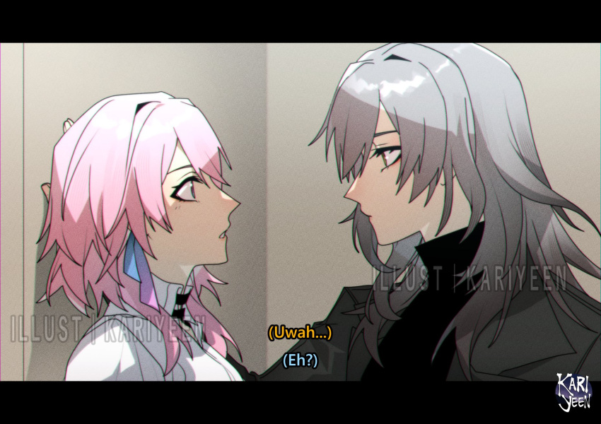 2girls, black_sweater, chromatic_aberration, coat, commentary, english_commentary, english_text, eye_contact