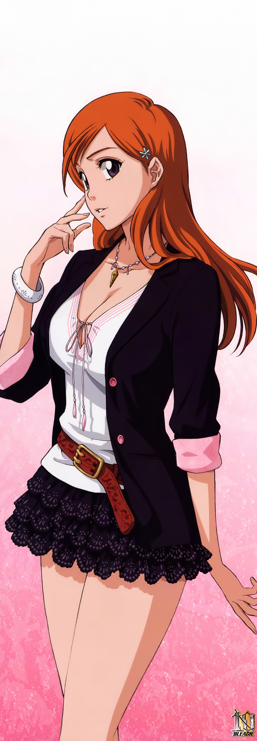 1girl, absurdres, belt, black_jacket, black_skirt, bleach, bracelet, breasts