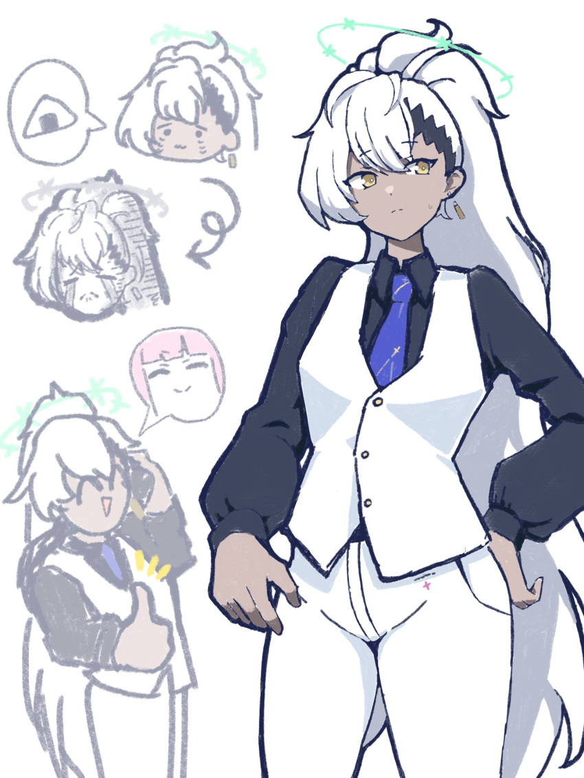 1girl, arrow_(symbol), asymmetrical_bangs, black_shirt, blue_archive, blue_necktie, closed_mouth, collared_shirt