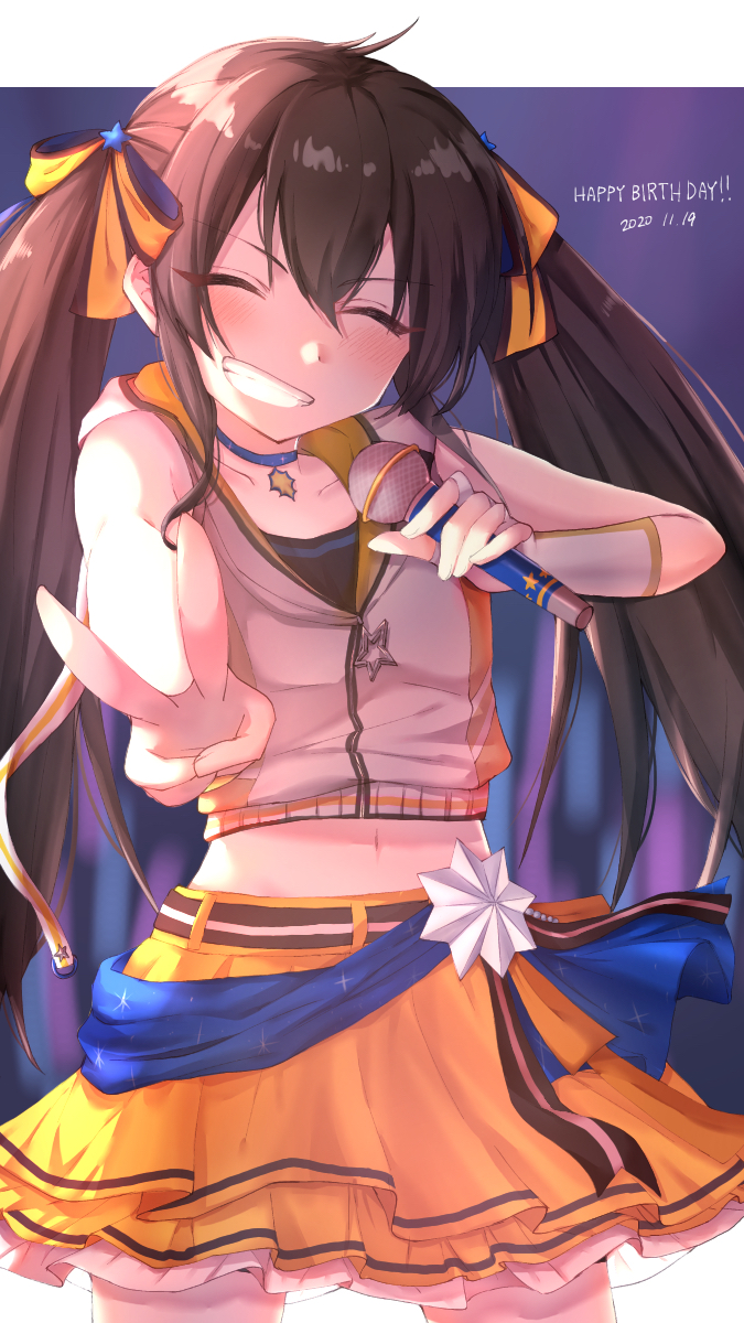 1girl, ahoge, asymmetrical_gloves, beat_shooter_(idolmaster), belt, bike_shorts, bike_shorts_under_skirt, birthday