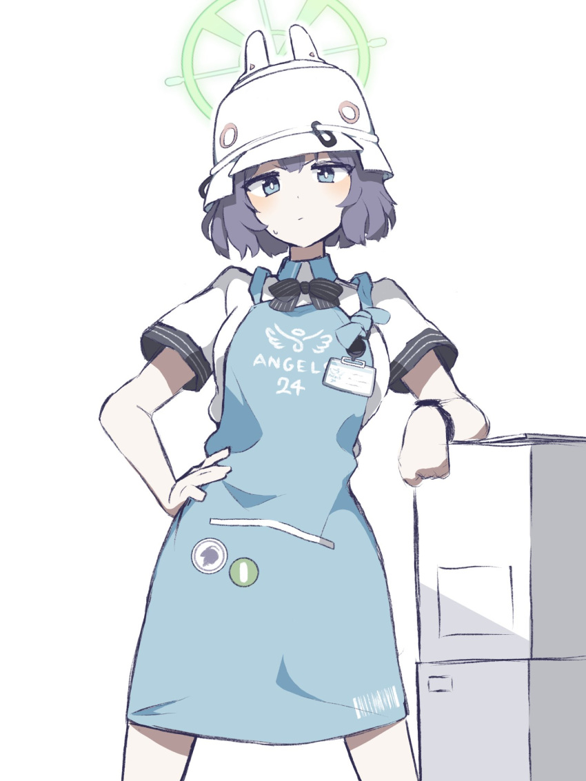 1girl, apron, badge, blue_archive, blue_eyes, bow, bowtie, box, breasts, button_badge, closed_mouth, collared_shirt, feet_out_of_frame, frown, halo, hand_on_own_hip, helmet, highres, legs_apart, looking_at_viewer, medium_breasts, name_tag, purple_hair, saki_(blue_archive), shirt, short_hair, short_sleeves, simple_background, solo, standing, straight_hair, sweatdrop, uni_gyoza, v-shaped_eyebrows, watch, watch, white_background, white_shirt