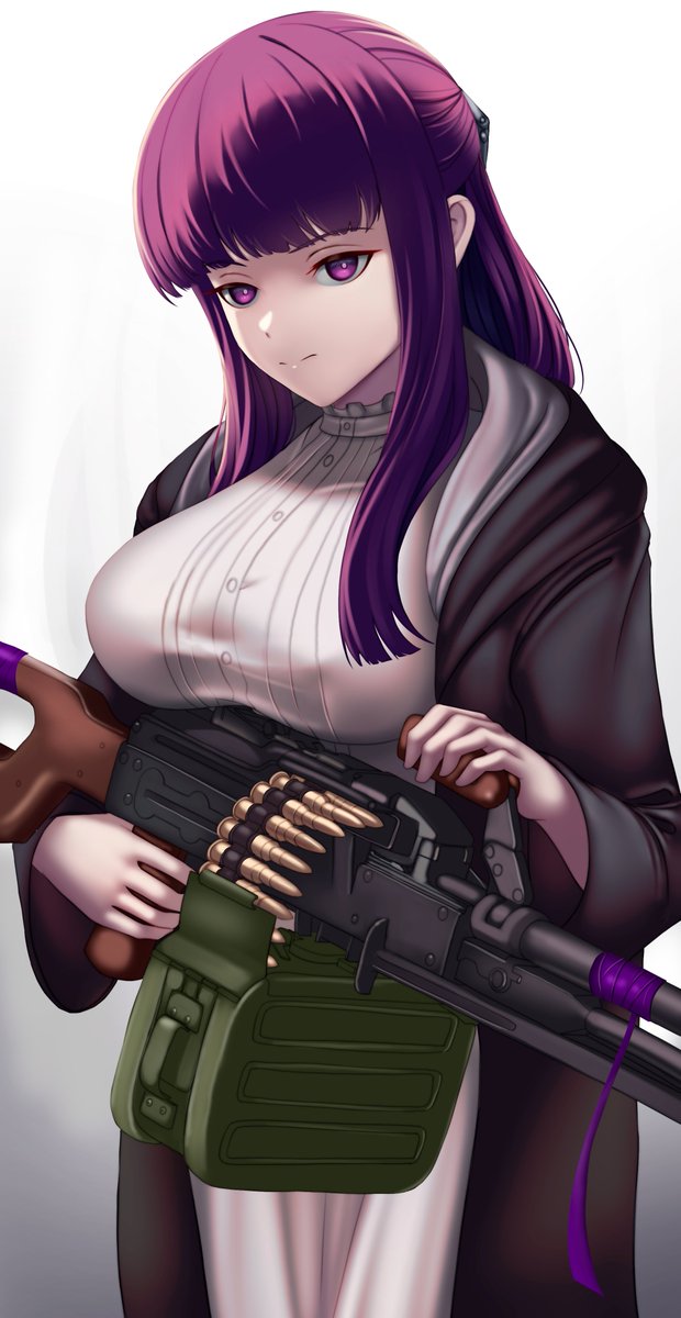 black_jacket, breasts, caiman_pool, dress, expressionless, fern_(sousou_no_frieren), gun, highres