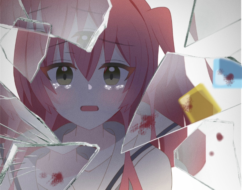 1girl, app_filter, blood, blood_on_clothes, blood_on_glass, bocchi_the_rock!, broken_glass, cube_hair_ornament, glass, glass_shards, green_eyes, hair_ornament, highres, kita_ikuyo, koma_rkgknote, looking_at_viewer, open_mouth, redhead, reflection, school_uniform, shuka_high_school_uniform, tearing_up, tears
