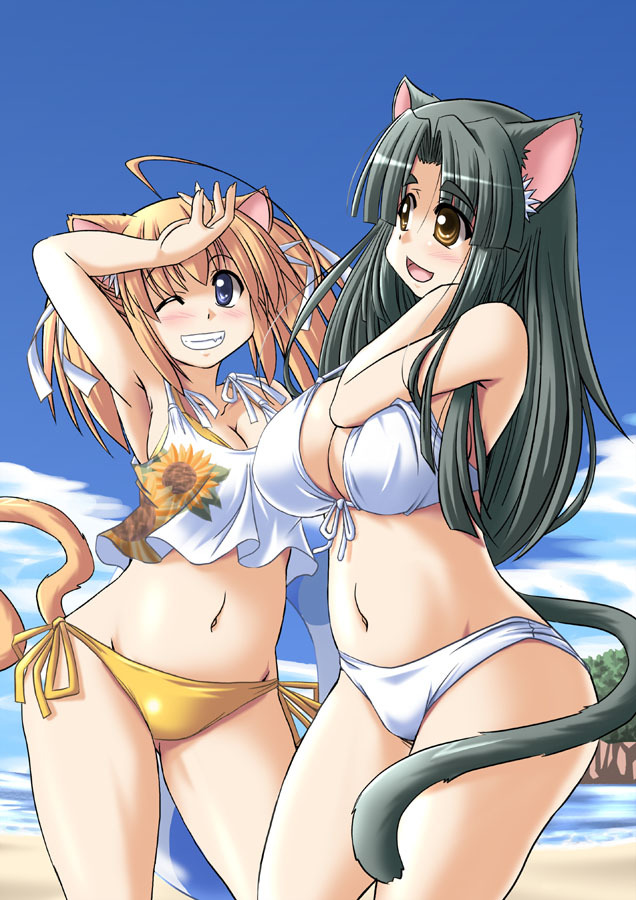 animal_ears, bikini, blonde_hair, blue_eyes, cat_ears, cat_tail, green_hair, grin, long_hair, milk_(tongpoo), multiple_girls, original, pudding_(tongpoo), short_hair, smile, swimsuit, tail, tongpoo, tonpuu, twintails, yellow_eyes