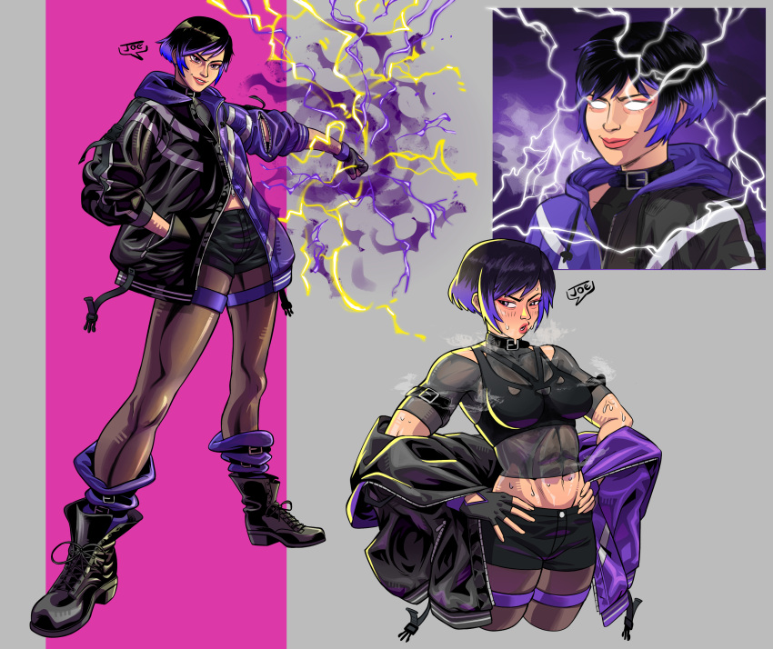 absurdres, black_footwear, black_sports_bra, bob_cut, collar, fighting_game, fog, highres, jacket, joecanvas, low_tier_god, martial_arts, namco, non-web_source, purple_hair, reina_(tekken), short_hair, shorts, sports_bra, sweat, sweaty_clothes, tekken, tekken_8, tomboy