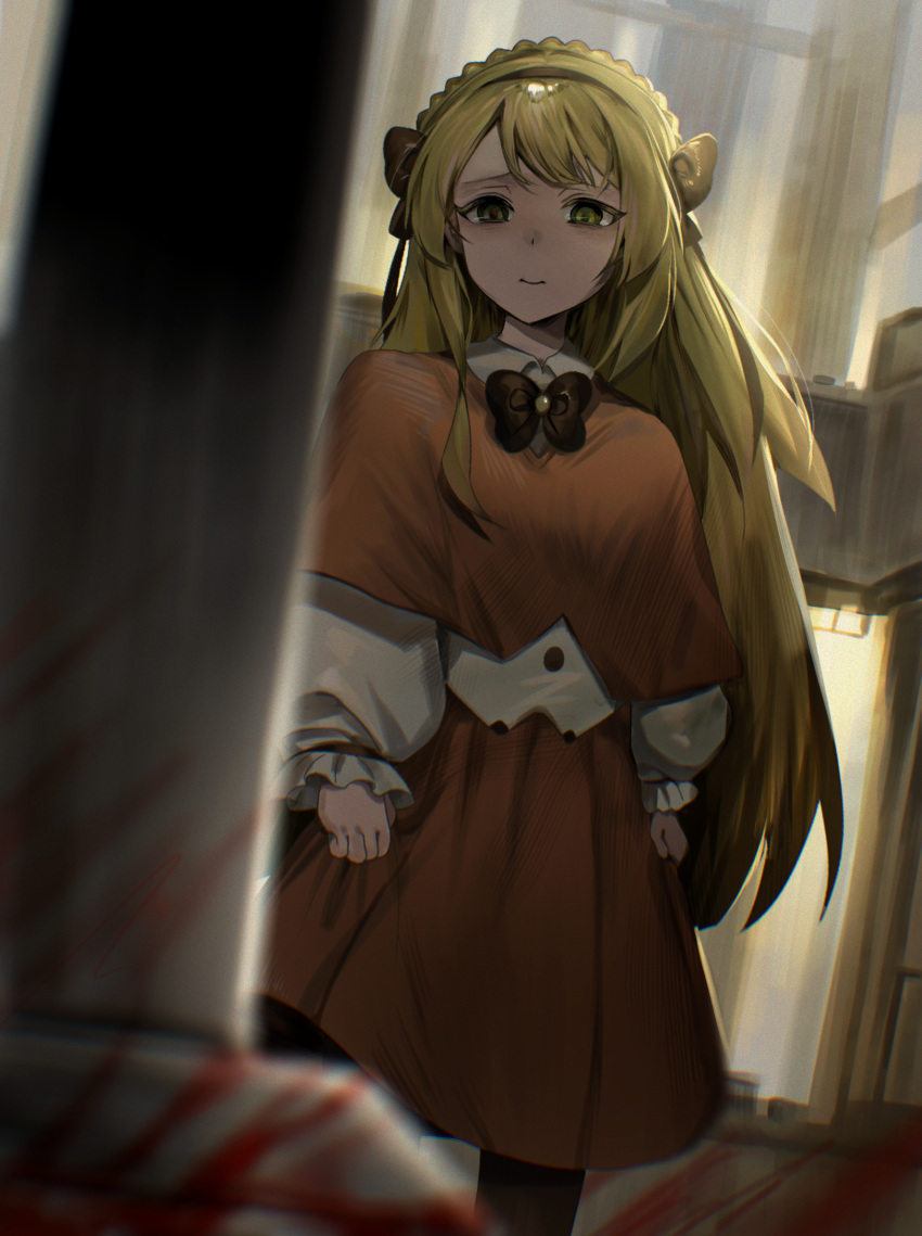 1girl, blonde_hair, blood, bow, brown_bow, brown_hairband, brown_pantyhose, capelet