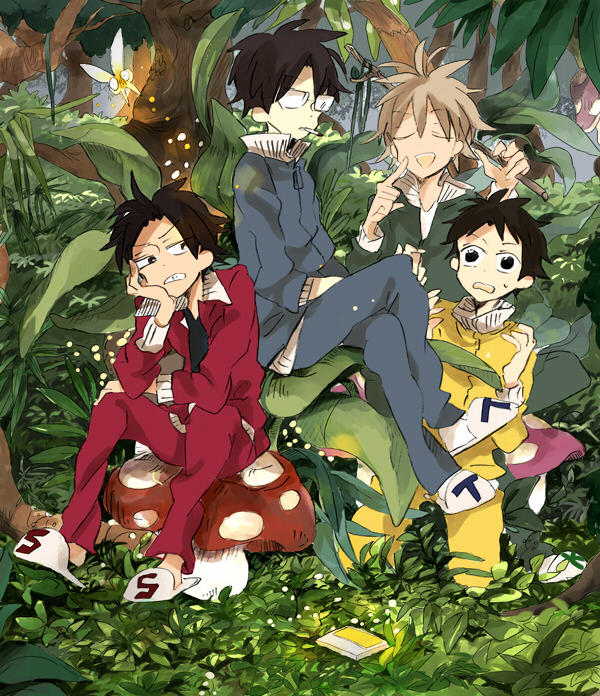 4boys, black_eyes, black_hair, black_shirt, blonde_hair, blue_jacket, blue_pants, book