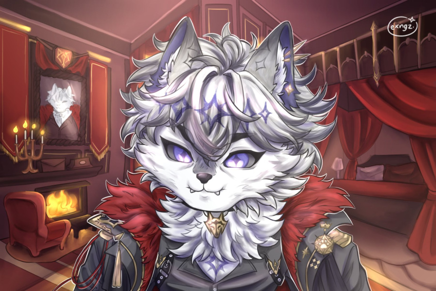 1boy, animal_ears, artist_name, bed, bed_frame, black_sclera, candelabra, candlestand