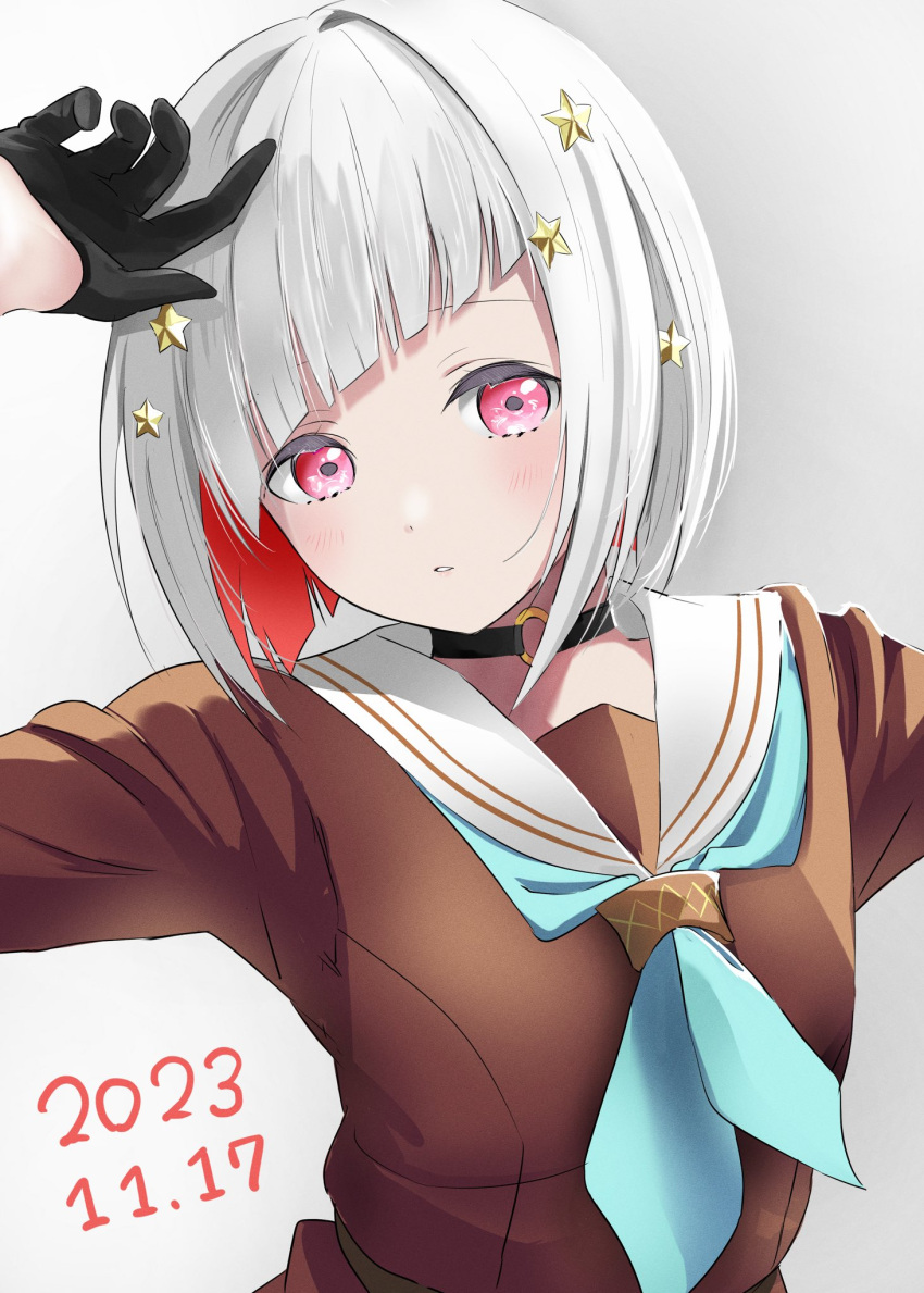 1girl, aqua_neckerchief, asymmetrical_bangs, black_choker, black_gloves, blush, brown_dress, choker
