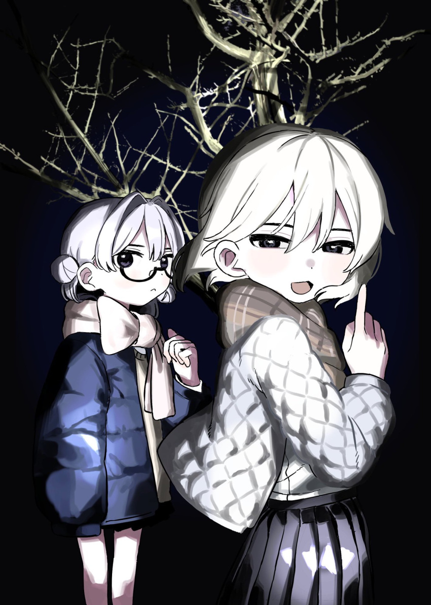 2girls, black_eyes, black_skirt, blue_jacket, chestnut_mouth, cowboy_shot, dark_background, double_bun