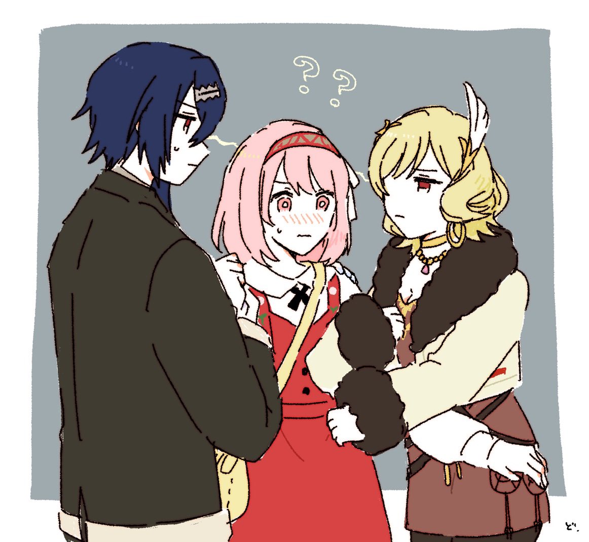 1boy, 2girls, alcryst_(fire_emblem), blonde_hair, blue_hair, blush, citrinne_(fire_emblem), closed_mouth